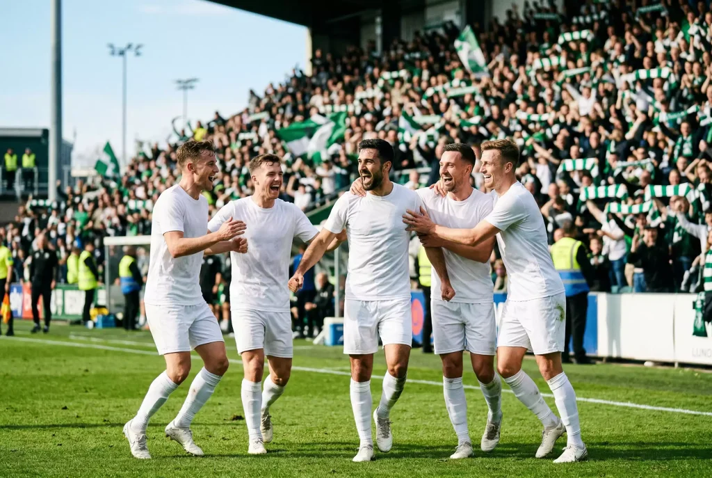 Football players in white jerseys celebrating together on a green pitch with fans in the background during an international match