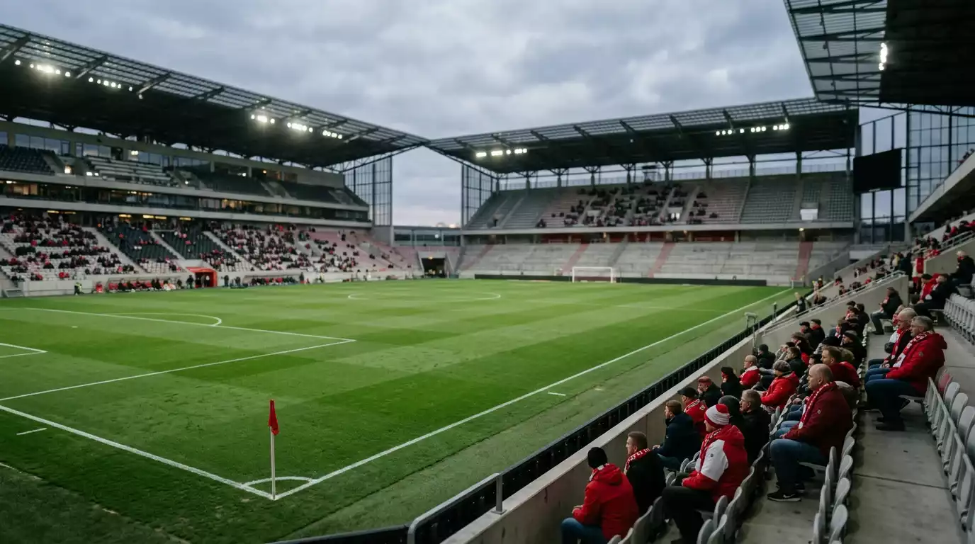 A cool New England evening at an open-air football stadium with travelling England fans in the stands