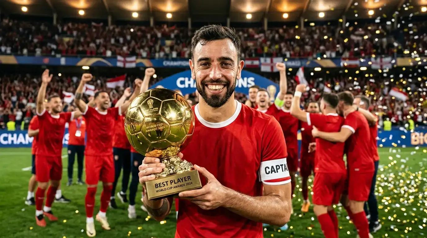 A Spanish footballer in red holding the golden FIFA World Cup Best Player trophy, captain's armband visible, surrounded by teammates celebrating