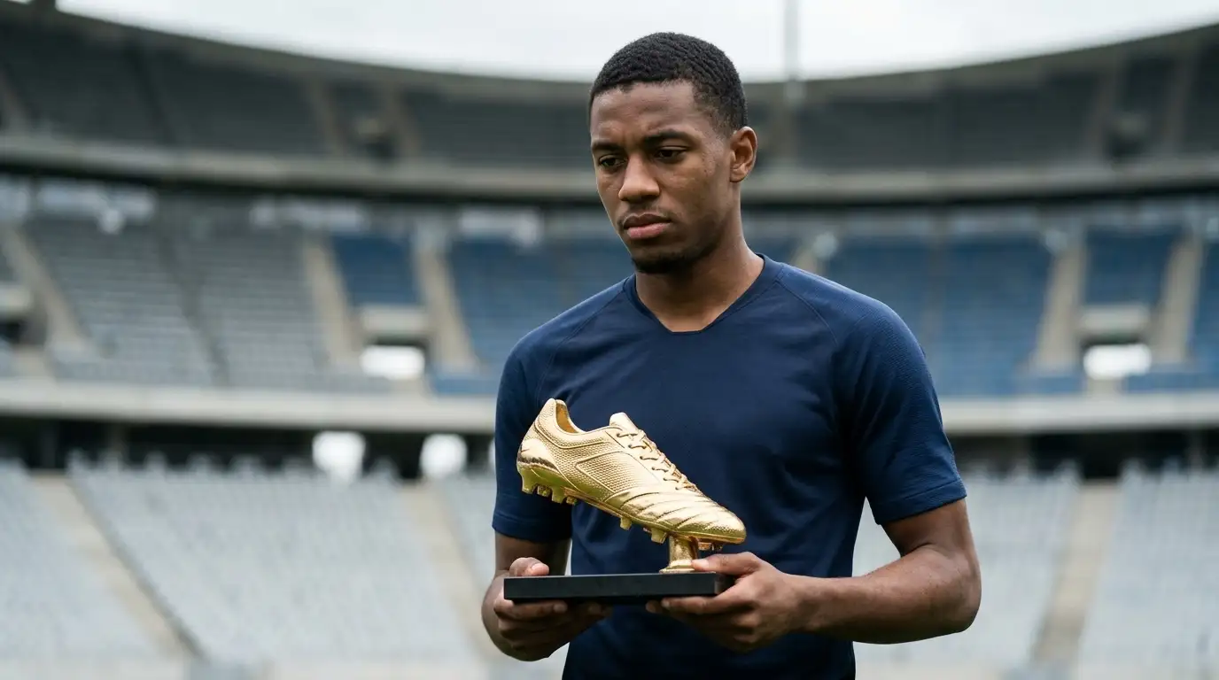 A footballer in a dark blue France jersey holding a golden boot trophy, looking downcast, empty stadium seating visible in the background