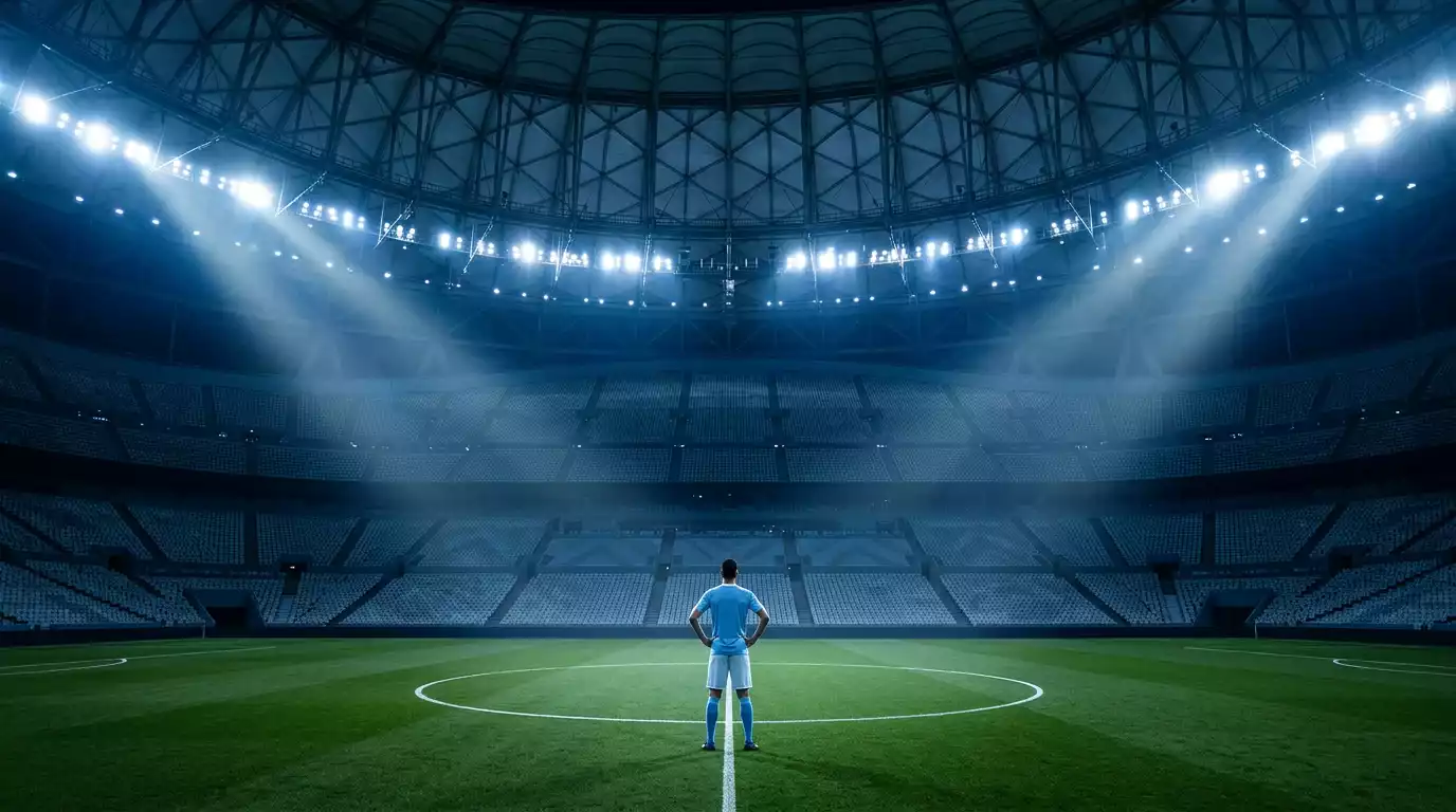 A massive indoor American football stadium with the roof closed, blue stage lighting and a small No. 10 figure in the centre circle