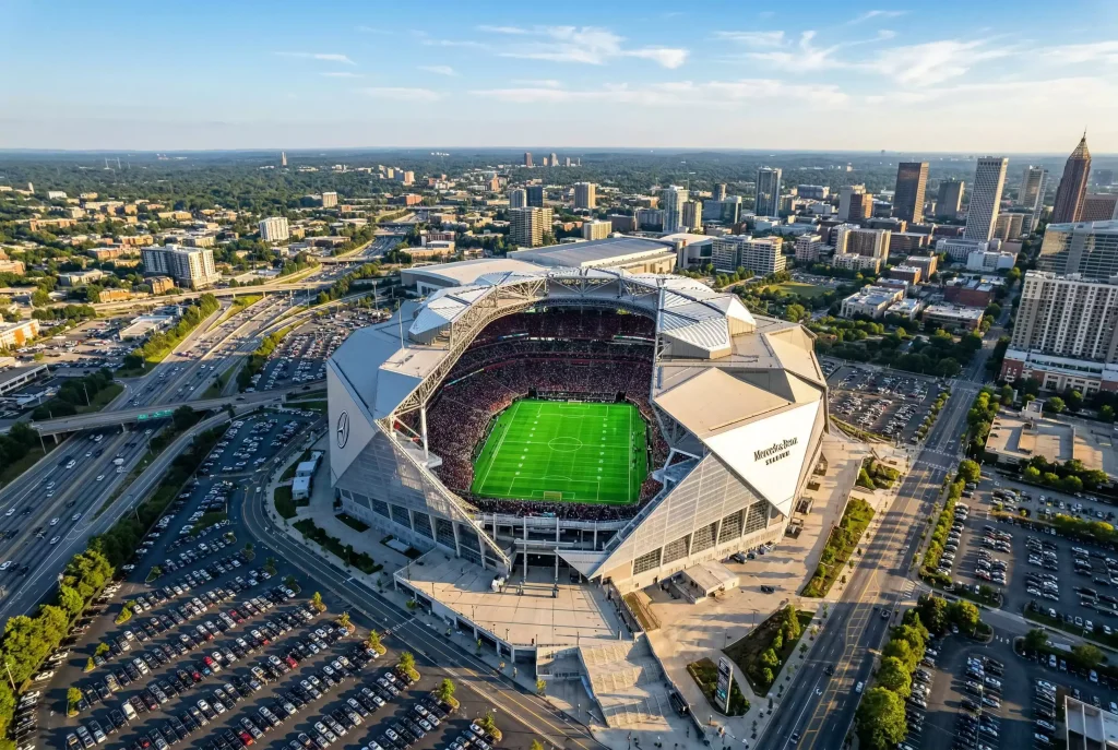 Aerial view of a modern football stadium with a retractable roof and a pristine green pitch ready for a World Cup match in the United States