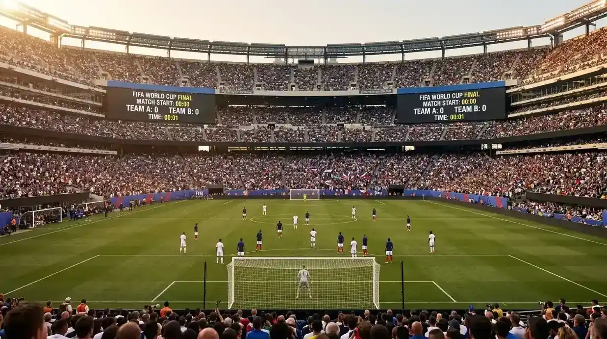 A football stadium scoreboard showing 0-0 with a full crowd, dramatic evening light over the pitch