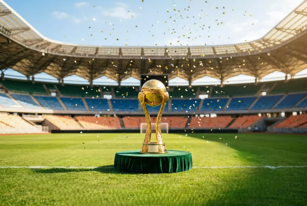 A golden football trophy standing on a podium at the centre of a sunlit stadium pitch with confetti in the air after a major final